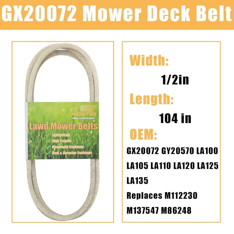 MANUTEX GX20072 GY20570 Mower Deck Belt Compatible with John Dee-re L100 L102 L105 L107 L108 L110 L111 L115 L118 L120 LA100 LA105 LA110X110 X120 X145 D100 D110 D120 Sabre 14.542GS 1/2" X 104" - Image 2